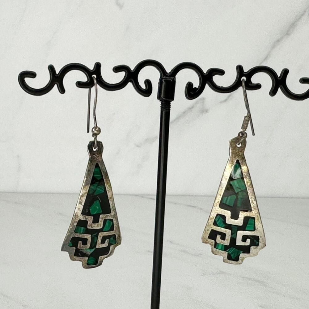 Vintage Alpaca Mexico Green Tone Inlay Geometric Stepped Dangle Earrings ✨